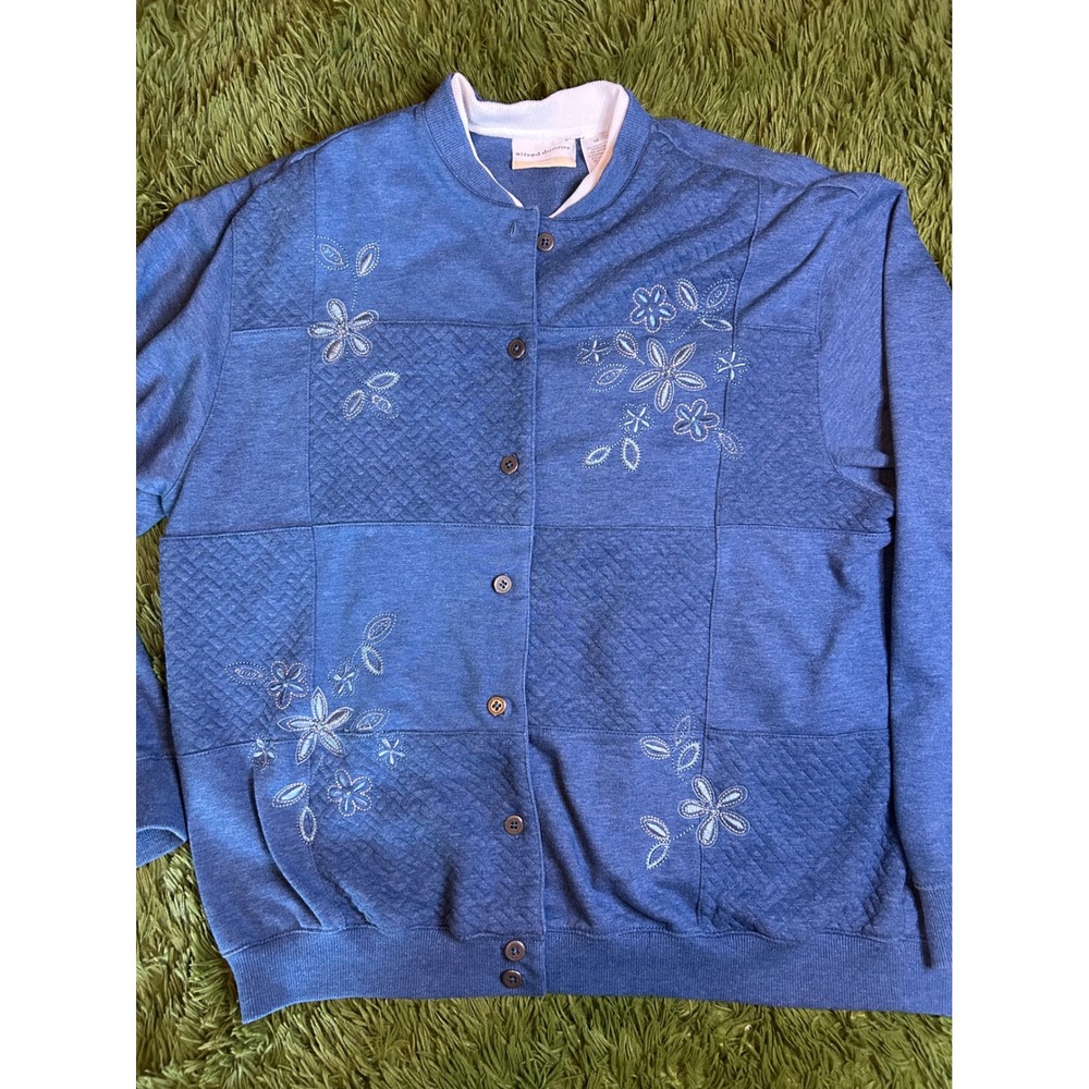 Alfred Dunner Cardigan Women 1X Blue Floral Embroidered Quilted Button Front Top
